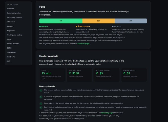 A dark-themed documentation page explaining fees and holder rewards for a cryptocurrency market protocol, including sections on cycles, fees, and payout mechanics.