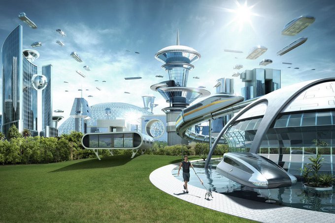 A futuristic sci-fi cityscape depicts advanced architecture, flying vehicles, sleek trains, and a person walking a dog in a utopian setting with green grass.