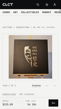 A screenshot of the 'CLCT' marketplace app showing an auction listing for 'GENERATIONS - REF 21CD5456', with the price at $125.00, 5 days 10 hours remaining.