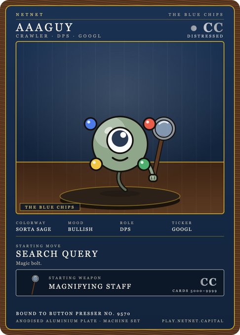 A digital trading card titled 'AAGUY' features a green cyclops-like character holding a magnifying staff, labeled as CRAWLER/DPS/GOOGL with text including 'STARTING MOVE SEARCH QUERY' and 'STARTING WEAPON MAGNIFYING STAFF'.