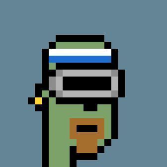 A pixel art rendering of a character or object with green, grey, and orange elements against a blue background.