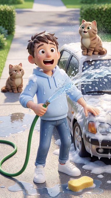 A 3D animated illustration depicts a smiling boy in a blue hoodie spraying water from a hose onto a white car, accompanied by two orange tabby cats, with a yellow sponge on the ground.
