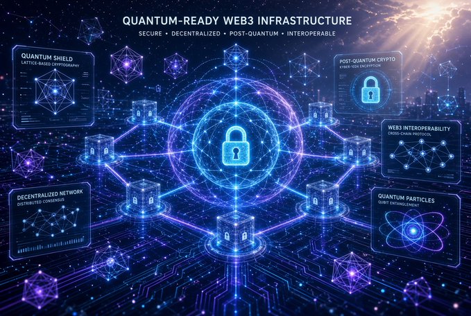 A futuristic digital infographic titled 'QUANTUM-READY WEB3 INFRASTRUCTURE' displays interconnected nodes and features like 'Quantum Shield,' 'Post-Quantum Crypto,' 'Decentralized Network,' 'Web3 Interoperability,' and 'Quantum Particles' against a space backdrop.