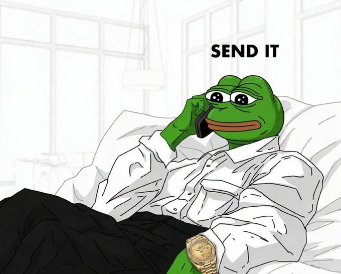 The famous 'Sad Pepe' or 'Send it' meme featuring a green frog in bed wearing a white shirt and gold watch, talking on a phone with teary eyes and the text 'SEND IT' above.