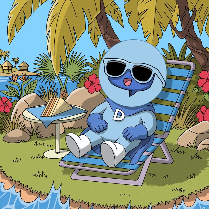 A cartoon illustration of a blue mascot character wearing sunglasses, relaxing on a beach chair under palm trees with a sandwich on a nearby table.