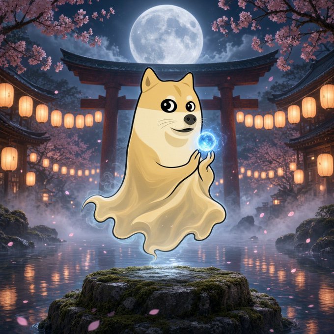 An illustration of a cute cartoon Shiba Inu dog wrapped in a white blanket, holding a glowing blue orb, standing on a mossy rock in front of a Japanese shrine with a full moon and cherry blossoms.