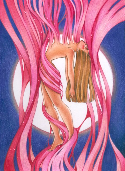 The user wants a concise caption for the image based on the provided text.

1.  **Analyze the image:** The image shows a woman with long blonde hair, seemingly suspended or floating. She is surrounded by vibrant pink, ribbon-like structures that look like flowing hair or energy. There is a large white circle behind her (like a moon or sun) against a dark blue background. Her body is arched backward.
2.  **Analyze the text:**
    *   "New drop “Celestial Rebirth” 5 ed • 10 xtz" -> This indicates it's an NFT or digital art drop called "Celestial Rebirth".
    *   "She surrenders to the unseen currents of transformation." -> This describes the theme/action.
    *   "Wrapped in flowing…" -> Continues the description.
    *   "•Hand-drawn on paper" -> Describes the medium.
3.  **Synthesize:** The