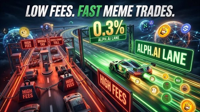 A futuristic highway split comparison shows a congested red toll road labeled "HIGH FEES" and "BRIDGE CROSS-CHAIN TOLL" next to a sleek green "ALPH.AI LANE" with a sports car speeding past at just "0.3%," visually reinforcing the post's point that Alph.AI's sniping tool offers a low-cost, fast lane for rotating meme trades (including the newly tradeable $B20) compared to the fee-heavy alternative routes.