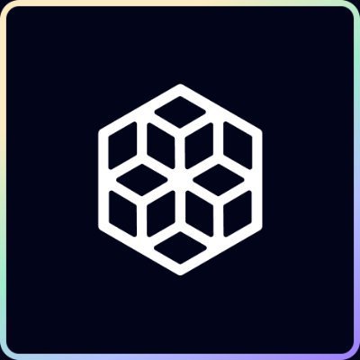 A logo featuring a white isometric cube design on a dark navy background with a colorful gradient border.