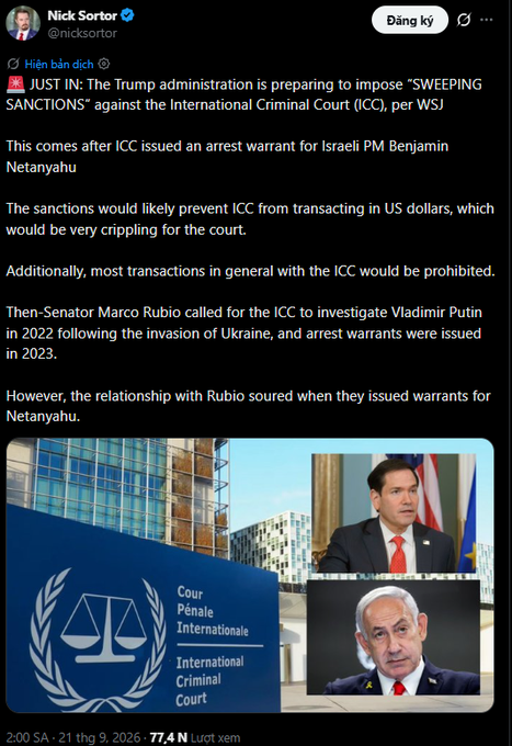 A tweet by Nick Sortor (@nicksortor) reporting that the Trump administration is preparing 'SWEEPING SANCTIONS' against the International Criminal Court (ICC) following its issuance of an arrest warrant for Israeli PM Benjamin Netanyahu, with photos of the ICC building, Marco Rubio, and Netanyahu.