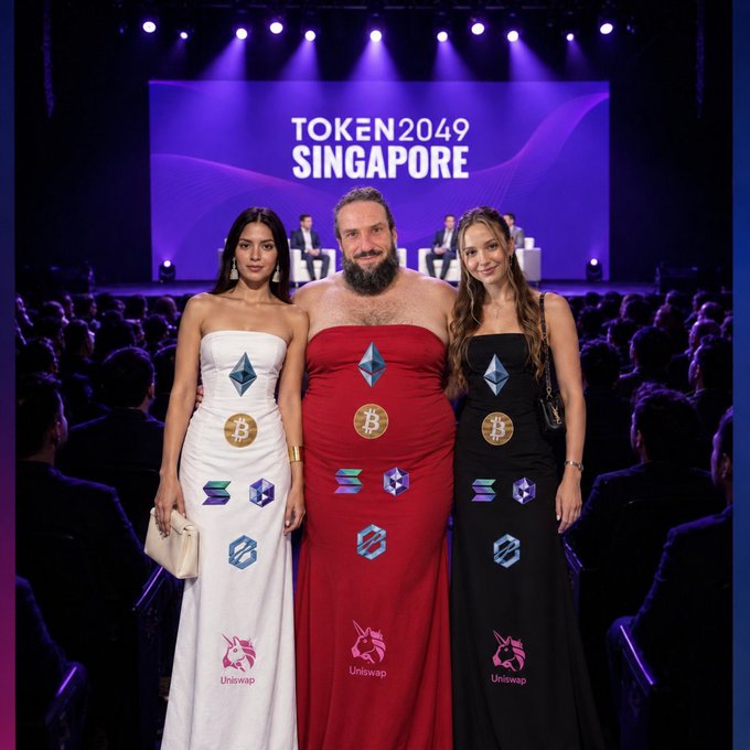 Three people pose at the TOKEN2049 SINGAPURE conference wearing strapless dresses in white, red, and black, each decorated with Ethereum, Bitcoin, Solana, and Uniswap logos.