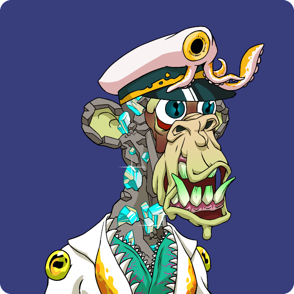 A cartoon illustration of a grotesque character with a captain's hat that has a tentacled eyeball, sharp teeth, and a cybernetic body with exposed wires and crystals.