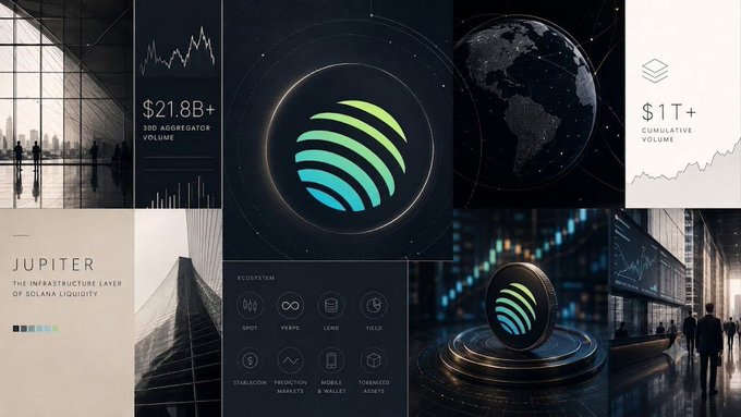 A promotional collage for 'JUPITER - THE INFRASTRUCTURE LAYER OF SOLANA LIQUIDITY' featuring financial stats like '$21.8B+ 30D AGGREGATOR VOLUME' and '$1T+ CUMULATIVE VOLUME', alongside a globe and a central logo.