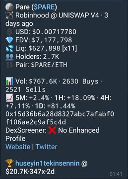 A cryptocurrency tracker message for token "Pare ($PARE)" on the Robinhood @UNISWAP V4 pair, 3 days old, with FDV $7,177,798, Liquidity $627,898, Holders 2.7K, and Vol $766.6K.