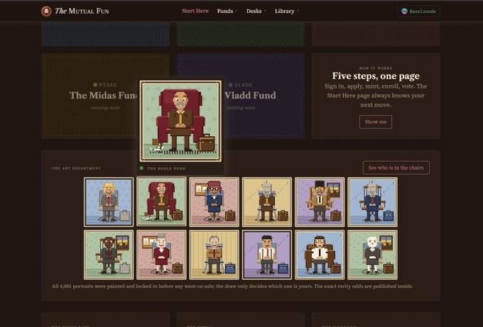 A website screenshot titled 'THE MUTUAL FUN' showing 'The Midas Fund', 'Vladd Fund', and various pixel art portraits of founders.