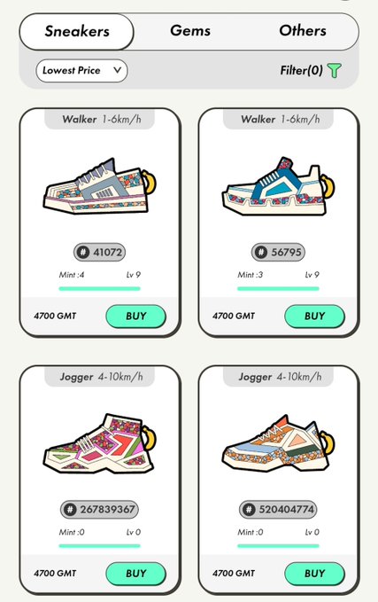 A marketplace app interface showing digital sneakers categorized as 'Walker' and 'Jogger' with GMT prices ranging from 4,700 to billions.