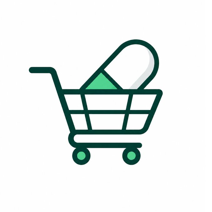 A simple icon illustration of a green and white shopping cart containing a pill capsule.