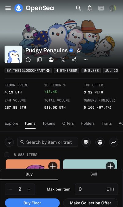 The image shows the OpenSea listing for the "Pudgy Penguins" NFT collection, displaying a floor price of 4.19 ETH, 24H volume of 287.88 ETH, and 8,888 items on the Ethereum blockchain.

This screenshot highlights the Pudgy Penguins NFT collection's current market stats, which the post uses to argue that despite the collection's branding success, the associated Pengu token is merely a cash-grab separate from the NFTs themselves, which lack real utility beyond their speculative value.
