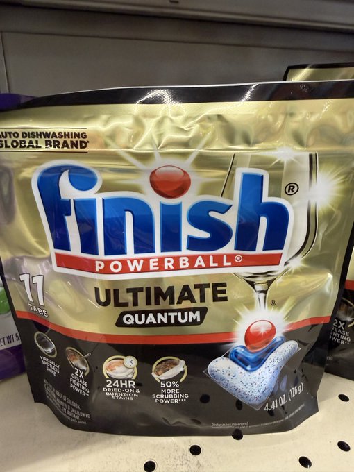 A package of 'finish Powerball ULTIMATE QUANTUM' dishwasher detergent tabs on a store shelf, labeled for 11 tabs and 4.41 oz.