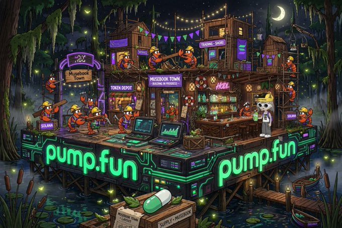A colorful digital illustration of a swamp-themed 'pump.fun' trading platform labeled 'Musebook Town,' featuring cartoon bird characters in construction hats working around trading stalls, screens, and a central panda character.