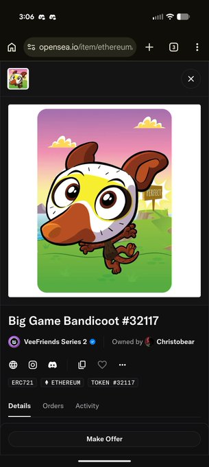 OpenSea NFT listing for 'Big Game Bandicoot #32117' from VeeFriends Series 2, owned by Christobear, displayed on opensea.io/item/ethereum.