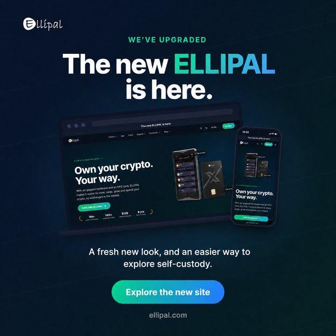 A promotional graphic for the ELLIPAL website relaunch displays a laptop and smartphone showcasing the new site alongside the headline "WE'VE UPGRADED - The new ELLIPAL is here" and a call-to-action button reading "Explore the new site," directly reinforcing the post's announcement about the refreshed self-custody platform.