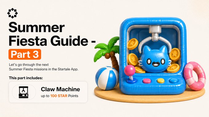 A 'Summer Fiesta Guide - Part 3' promotional graphic featuring a blue cat in a claw machine surrounded by summer items like a beach ball, palm tree, and life preserver. Text indicates 'Claw Machine' mission offering 'up to 100 STAR Points' in the Startale App.