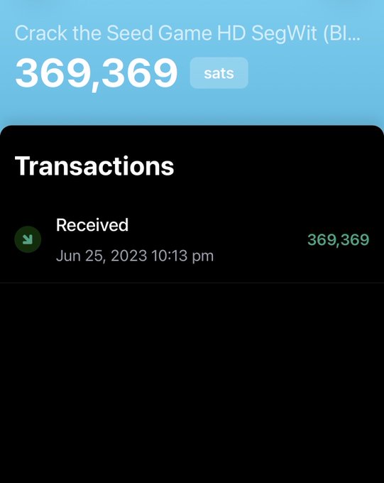 A screenshot of a Bitcoin wallet shows a received transaction of 369,369 sats titled "Crack the Seed Game HD SegWit" dated June 25, 2023, illustrating the moment a Bitcoin puzzle was finally solved after being posted three years earlier, with the wallet sweep serving as proof of the successful crack.