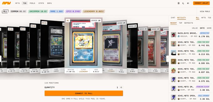 A screenshot of a digital trading card marketplace showing various graded Pokémon cards with rarity tiers like COMMON, UNCOMMON, RARE, EPIC, and LEGENDARY, along with a chat and recent deposit activity panel.