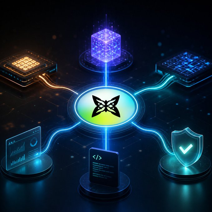 A futuristic tech illustration showing a glowing butterfly/moth logo at the center connected to various nodes including a glowing cube, data analytics, code symbols, and a security shield.