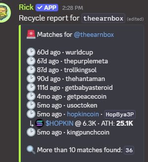 A Discord message from user "Rick" titled "Recycle report for theearnbox (edited)" displays a list of previous usernames associated with the account, including worldcup, thepurplemeta, trollkingsol, thehantaman, getbabyasteroid, getpeacecoin, usoctoken, hopkincoin, and kingpunchcoin, with timestamps ranging from 60 days to 5 months ago. The accompanying post warns users to "Stay far away from @TheEarnBox," as the recycle report reveals the account has recycled through multiple usernames, suggesting a pattern of serial scamming.
