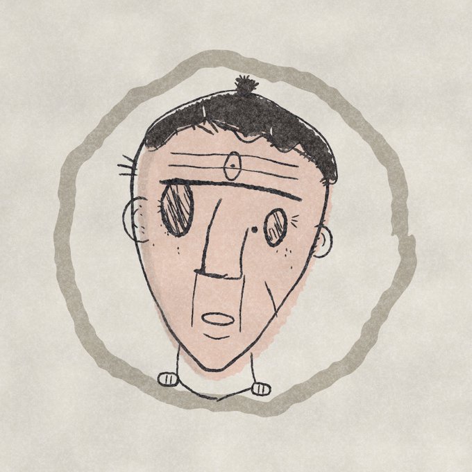 A simple ink and watercolor drawing of a stylized face with a third eye on the forehead, surrounded by a gray circular border on a cream background.
