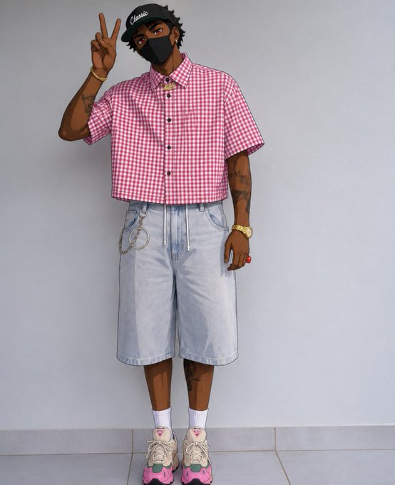 A person posing in a streetwear outfit featuring a pink and white gingham cropped short-sleeve shirt, light wash denim shorts, pink and beige sneakers, a black cap reading 'Classic,' and a black face mask.