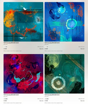 A screenshot of four abstract digital artworks displayed for sale on a website, with text indicating 'TEXTURA' and prices in British Pounds.
