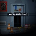 A retro-style pixel art game scene showing a dark doorway with the caption 'What's Up with the Pornstar?', flanked by traffic cones and caution tape.