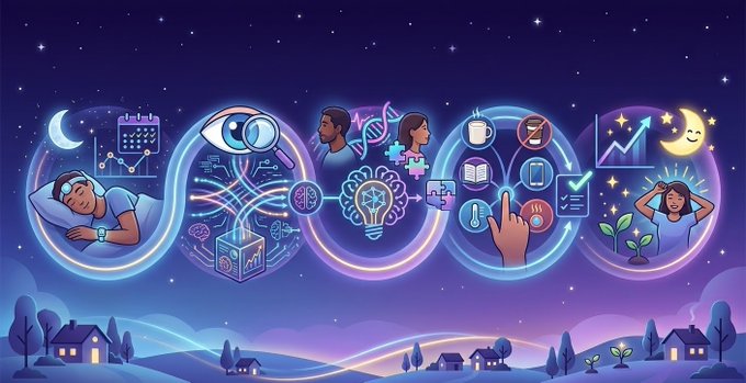 An illustration shows six circular icons against a starry night sky depicting themes like sleep, vision, genetics, knowledge, temperature, and growth.