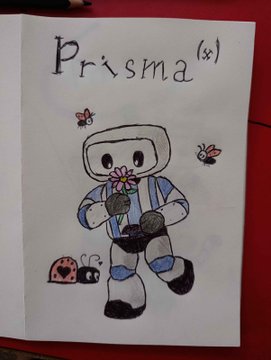 A hand-drawn illustration titled 'Prisma' featuring a cartoon astronaut holding a pink flower, surrounded by a ladybug, snail, and butterfly in colorful detail.
