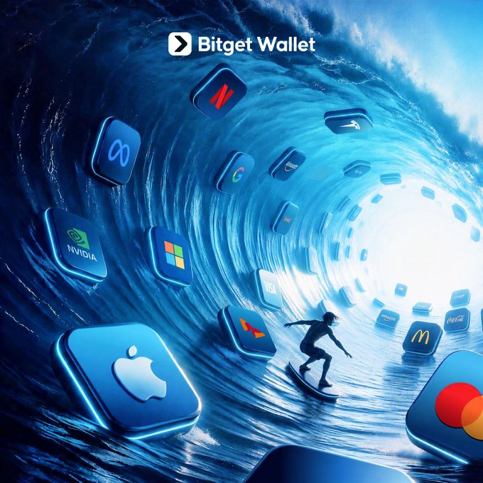A dynamic wave of blue swirls through a tunnel of branded app icons—including Apple, NVIDIA, Microsoft, Mastercard, Coca-Cola, Meta, and McDonald's—while a surfer rides the wave, with "Bitget Wallet" prominently displayed at the top. The image visually captures the post's message of trading tokenized stocks, using the surfer amid major brands to illustrate riding the powerful liquidity wave of accessible stock trading on Bitget Wallet.