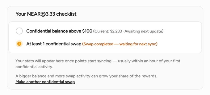 A NEAR@3.33 checklist showing a confidential balance of $2,233 (above $100 ✓) and at least 1 confidential swap completed, with stats pending sync typically within an hour of first confidential activity.