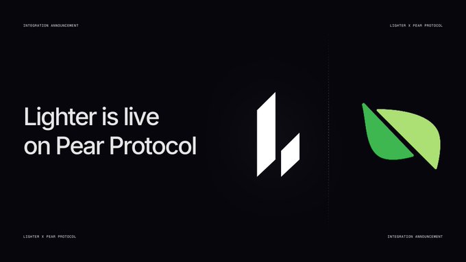 A dark announcement banner reading "Lighter is live on Pear Protocol" alongside their respective logos, promoting Lighter's integration into Pear Protocol's Orchard platform.