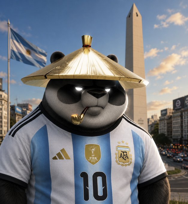 A fierce panda wearing an Argentina national team jersey with "10" and the AFA/FIFA World Cup badge, topped with a golden Asian conical hat, stands before the Obelisco in Buenos Aires with the Argentine flag waving behind—blending World Cup semifinal pride with a "namaste" nod to Asian-inspired flair.