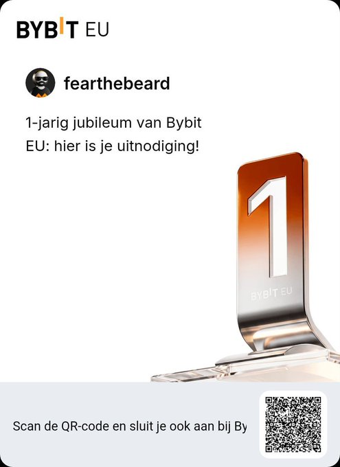 A promotional graphic for 'BYBIT EU' features a 3D metallic '1' logo, a username 'fearthebeard', Dutch text inviting users to a 1-year anniversary celebration, and a QR code.