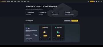 A dark-themed screenshot of Binance's Token Launch Platform displaying various cryptocurrency launchpool projects.