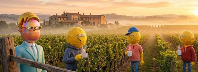 A surreal meme image featuring characters from the game 'Among Us' wearing sun hats and sunglasses, superimposed onto a scenic vineyard background at sunset.