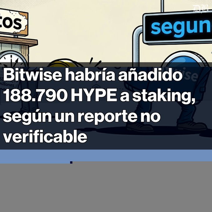 A Spanish-language news graphic with cartoon characters, displaying the text 'Bitwise habría añadido 188.790 HYPE a staking, según un reporte no verificable'.