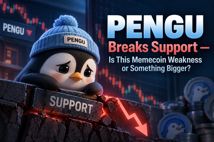 Crypto thumbnail showing a cartoon penguin wearing a blue PENGU beanie beside a broken 'SUPPORT' wall with a red downward arrow, titled 'PENGU Breaks Support — Is This Memecoin Weakness or Something Bigger?'