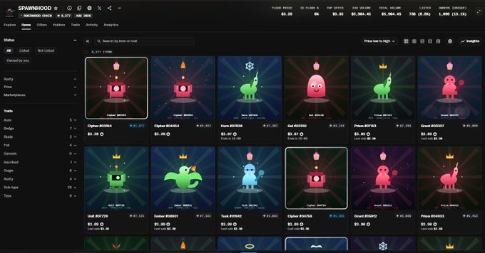 A screenshot of the "ROBINHOOD GENESIS" NFT collection on the Sparrow marketplace shows 18 status items priced between $2.30 and $7.30 with a total volume of $96,308.46, featuring characters like Crypto, Pepe, and Toad in various colors. The collection's integration of Ordinals and Robinhood, as noted in the caption, would appear to transition these placeholder images into Bitcoin-inscribed artwork after minting.