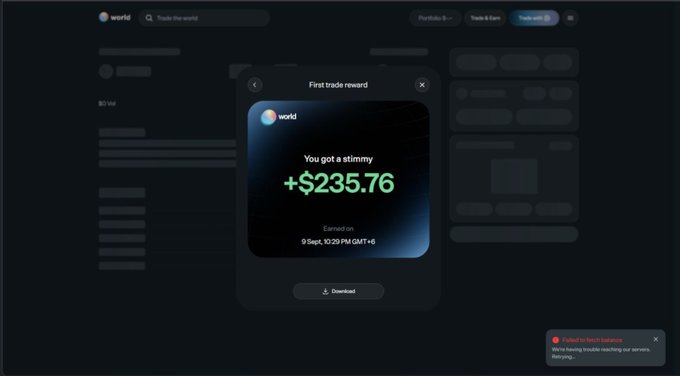 A World app screenshot showing a 'First trade reward' notification displaying 'You got a stimmy +$235.76' earned on 9 Sept, 10:29 PM GMT+6.
