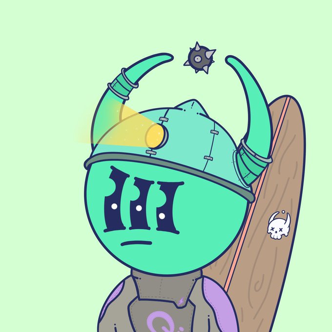 A cartoon illustration depicts a green robot-like character wearing a Viking helmet with horns, featuring a glowing eye piece, three vertical eye slots, and a spiked mace floating above its head.