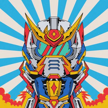 A colorful illustration of a Gundam mecha robot head with red, blue, and yellow armor against a blue and white sunburst background with red clouds.